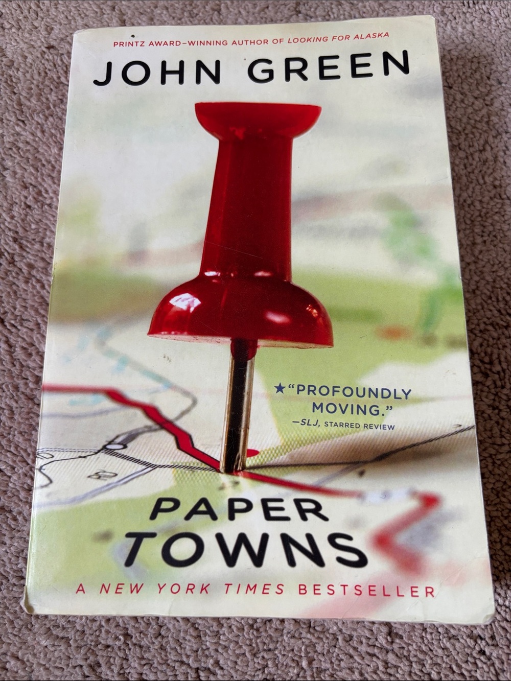 John Green “Paper Towns” Paperback with Red Pushpin Cover